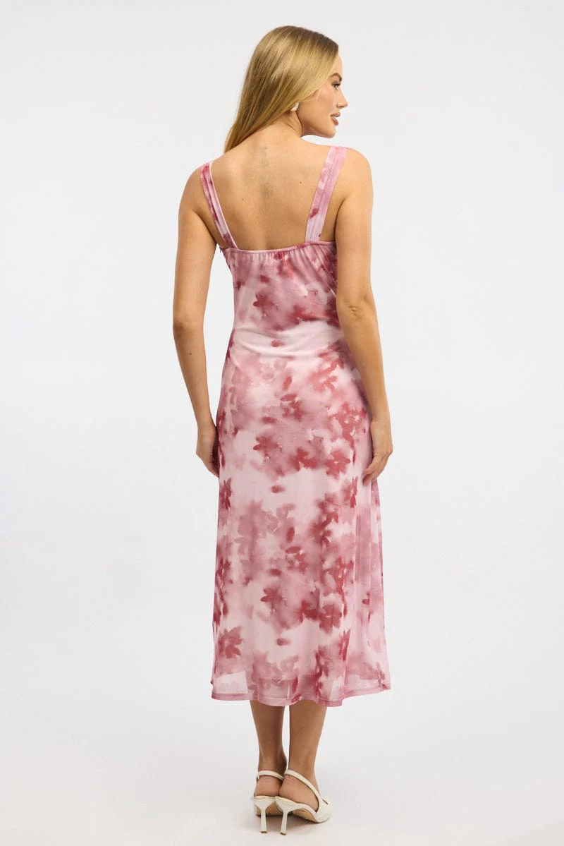 Pink Floral Midi Dress Gathered Bust Mesh - Image 4