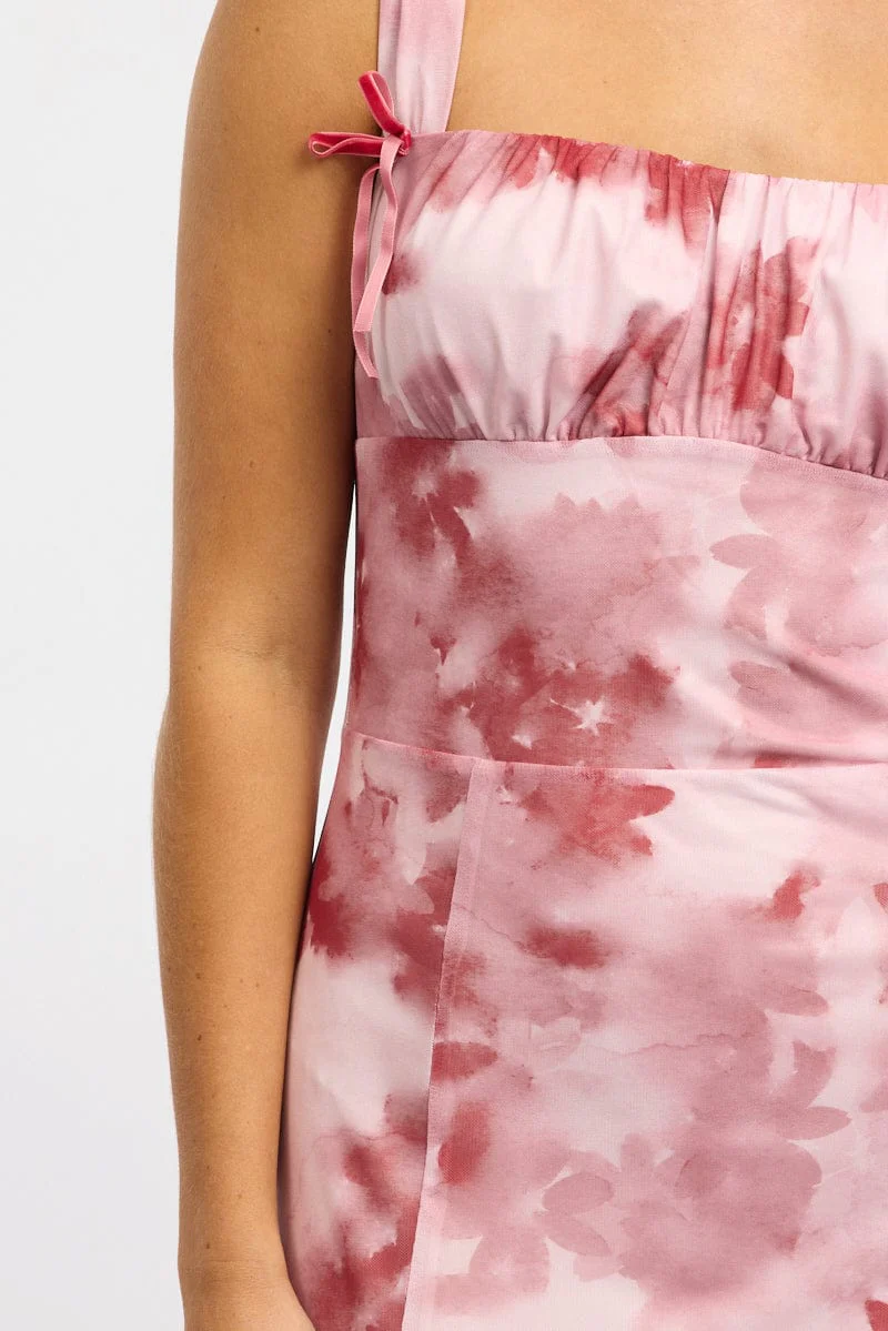 Pink Floral Midi Dress Gathered Bust Mesh - Image 5