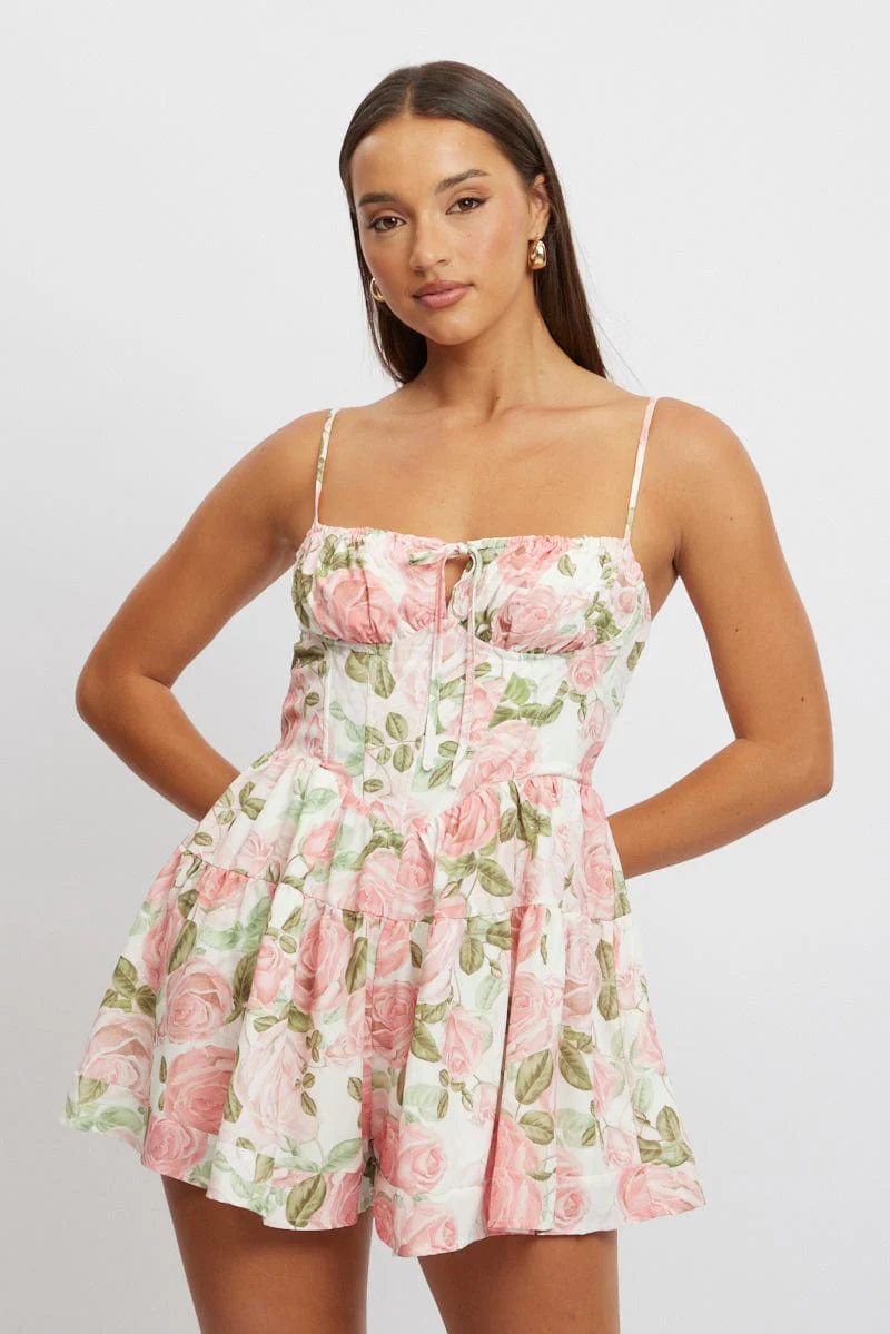 Pink Floral Playsuit Gathered Bust Mini - Image 2