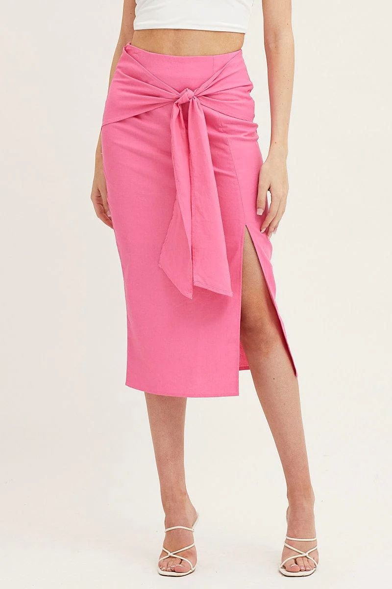 Pink Front Tie Midi Skirt - Image 3