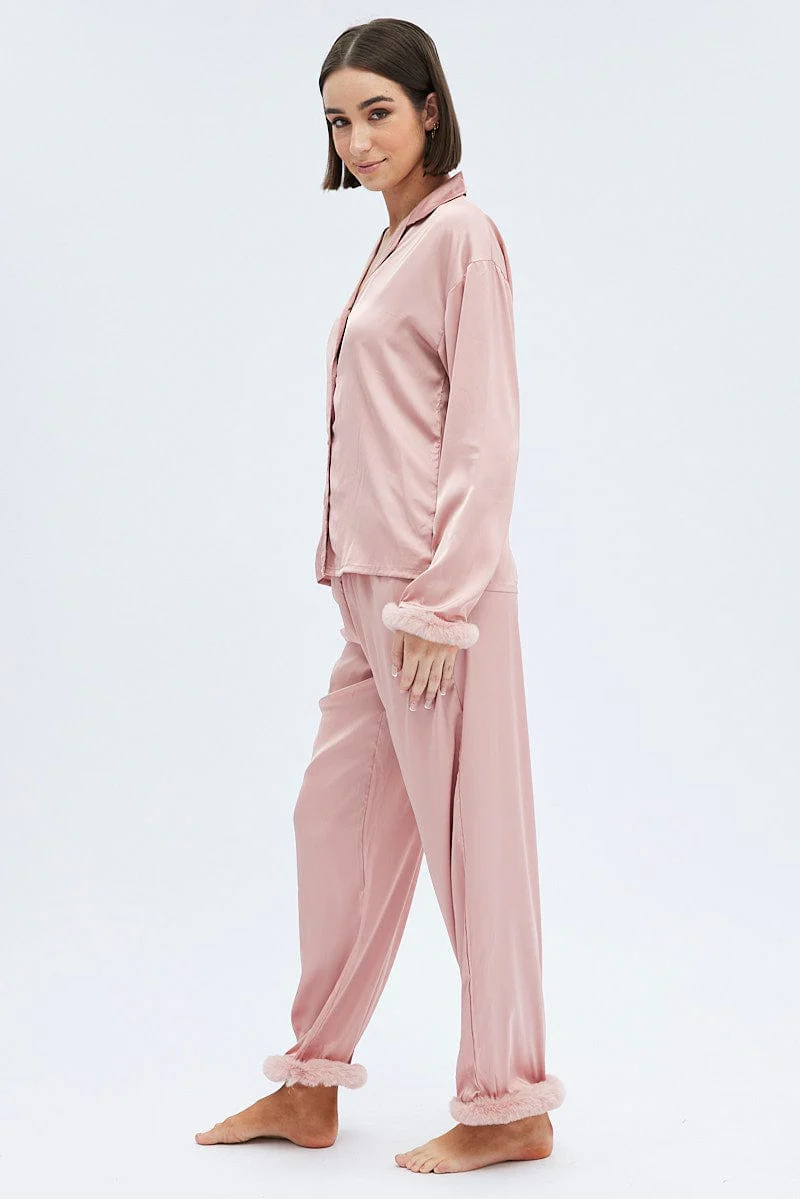 Pink Fur PJ Dusty Pink Satin Fluffy Trim Pyjama Set - Image 4