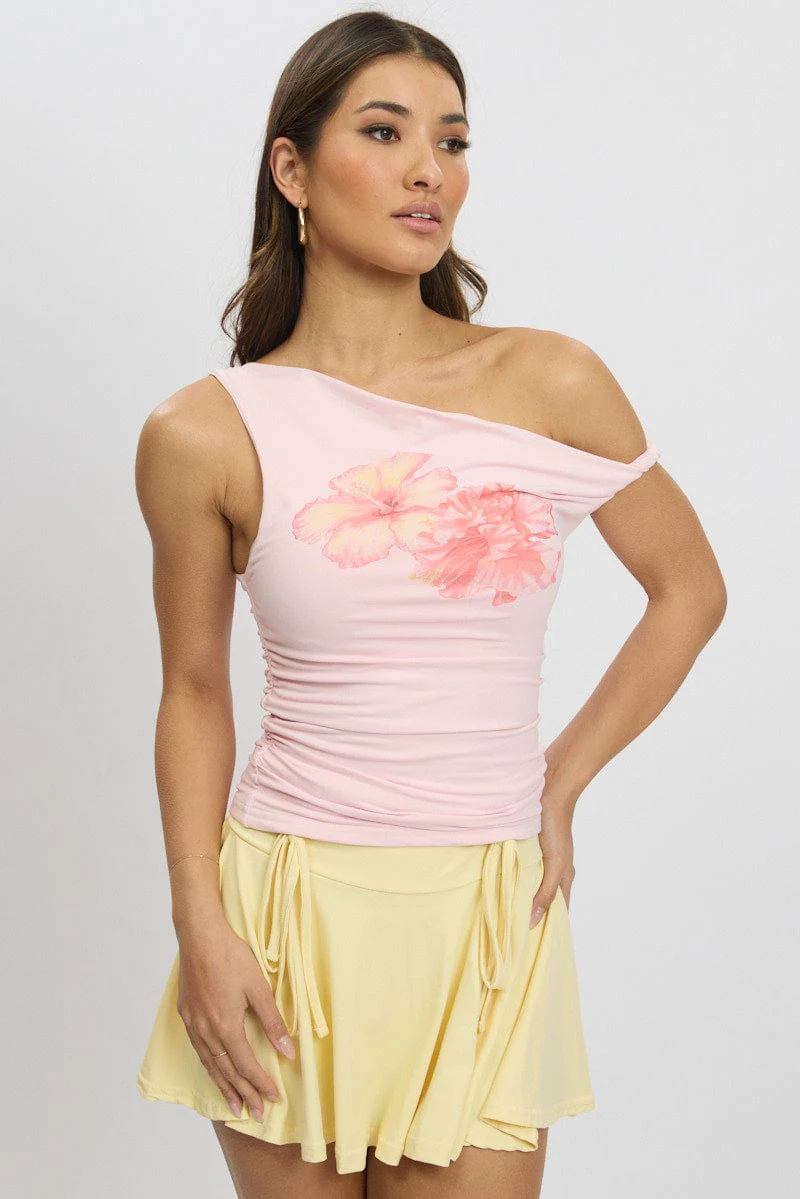 Pink Graphic Top Twist off Shoulder Supersoft