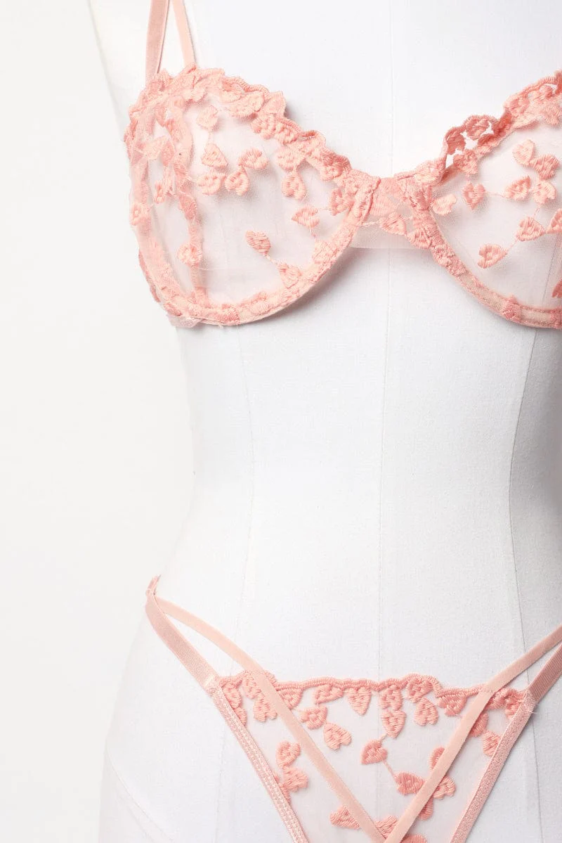 Pink Heart Embroidery Lingerie Set - Image 3