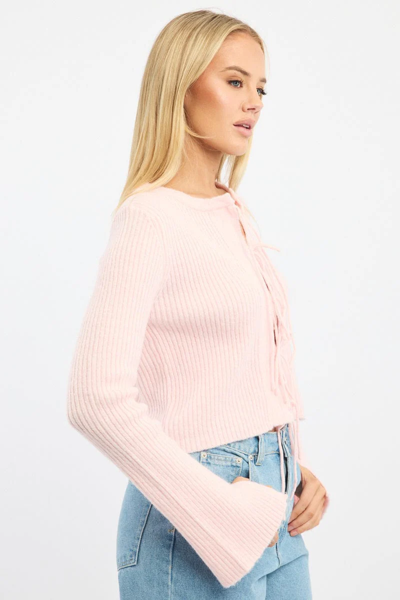 Pink Knit Cardigan Tie Up Long Sleeve - Image 3
