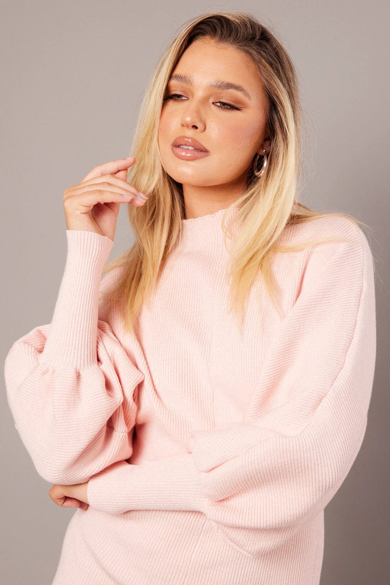 Pink Knit Dress Long Sleeve Mini - Image 2