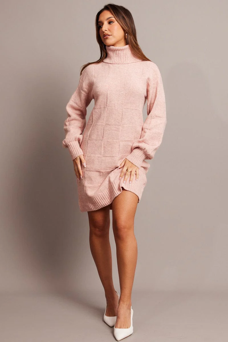 Pink Knit Dress Long Sleeve Turtle Neck - Image 2