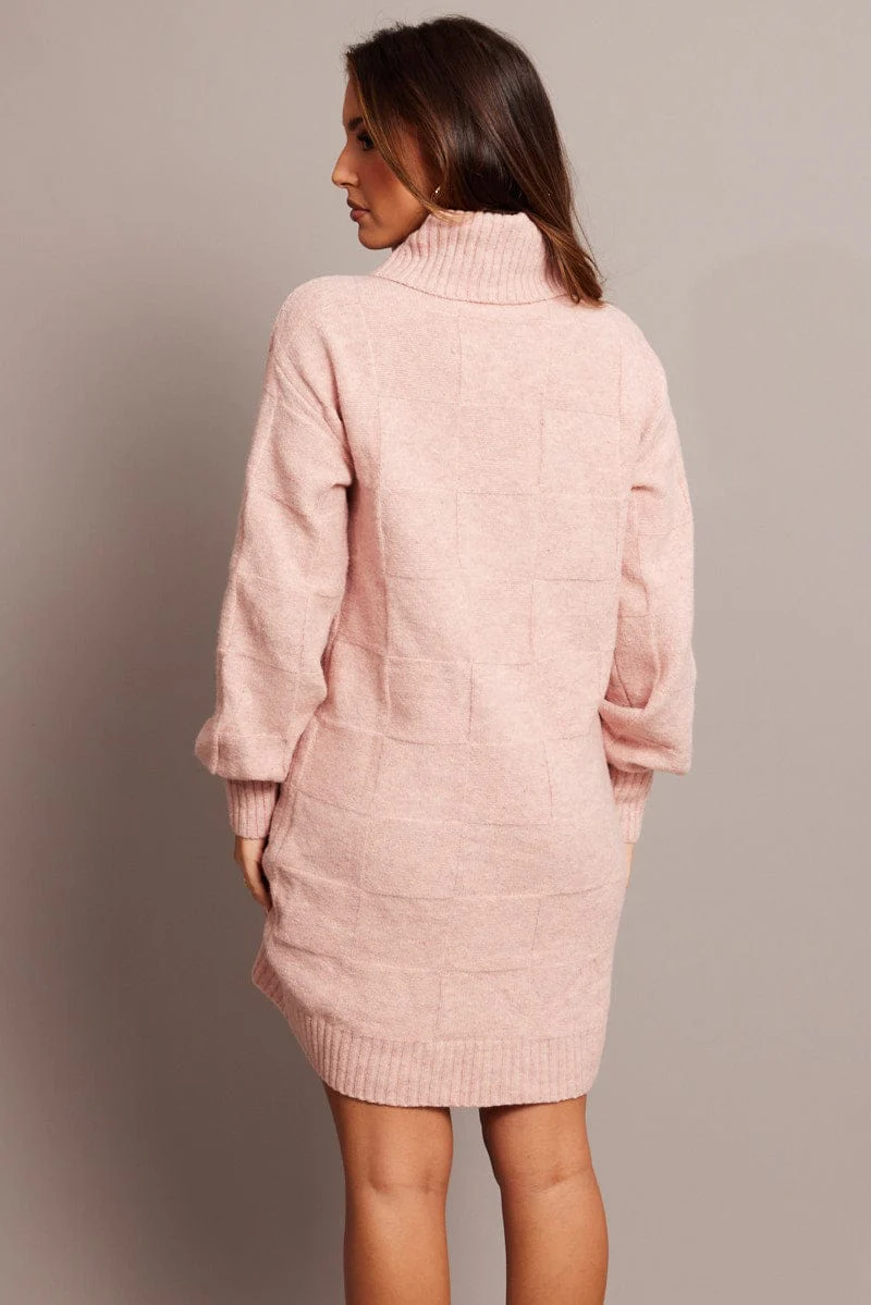 Pink Knit Dress Long Sleeve Turtle Neck - Image 5
