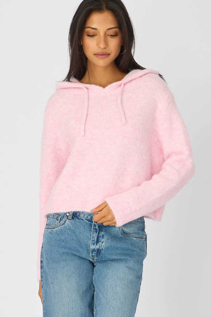 Pink Knit Hoodie Long Sleeve