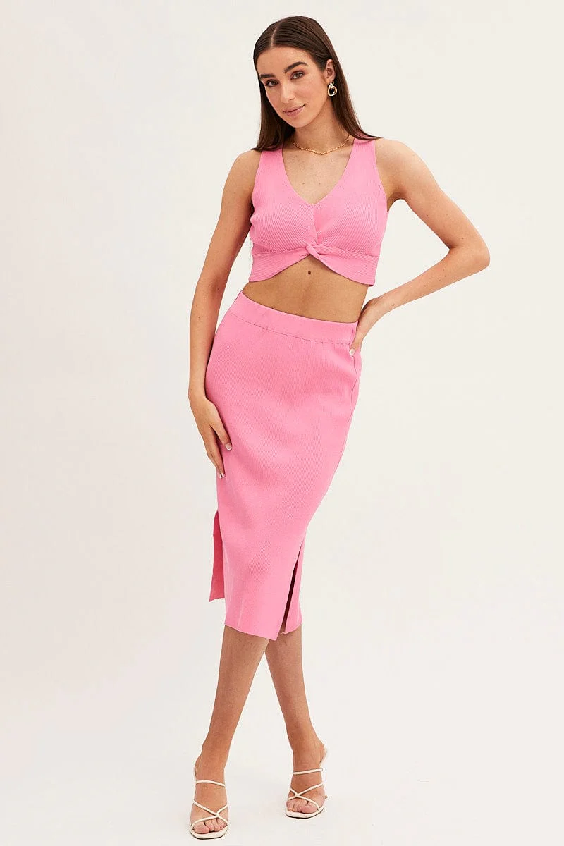 Pink Knit Top Crop Sleeveless V-Neck - Image 2