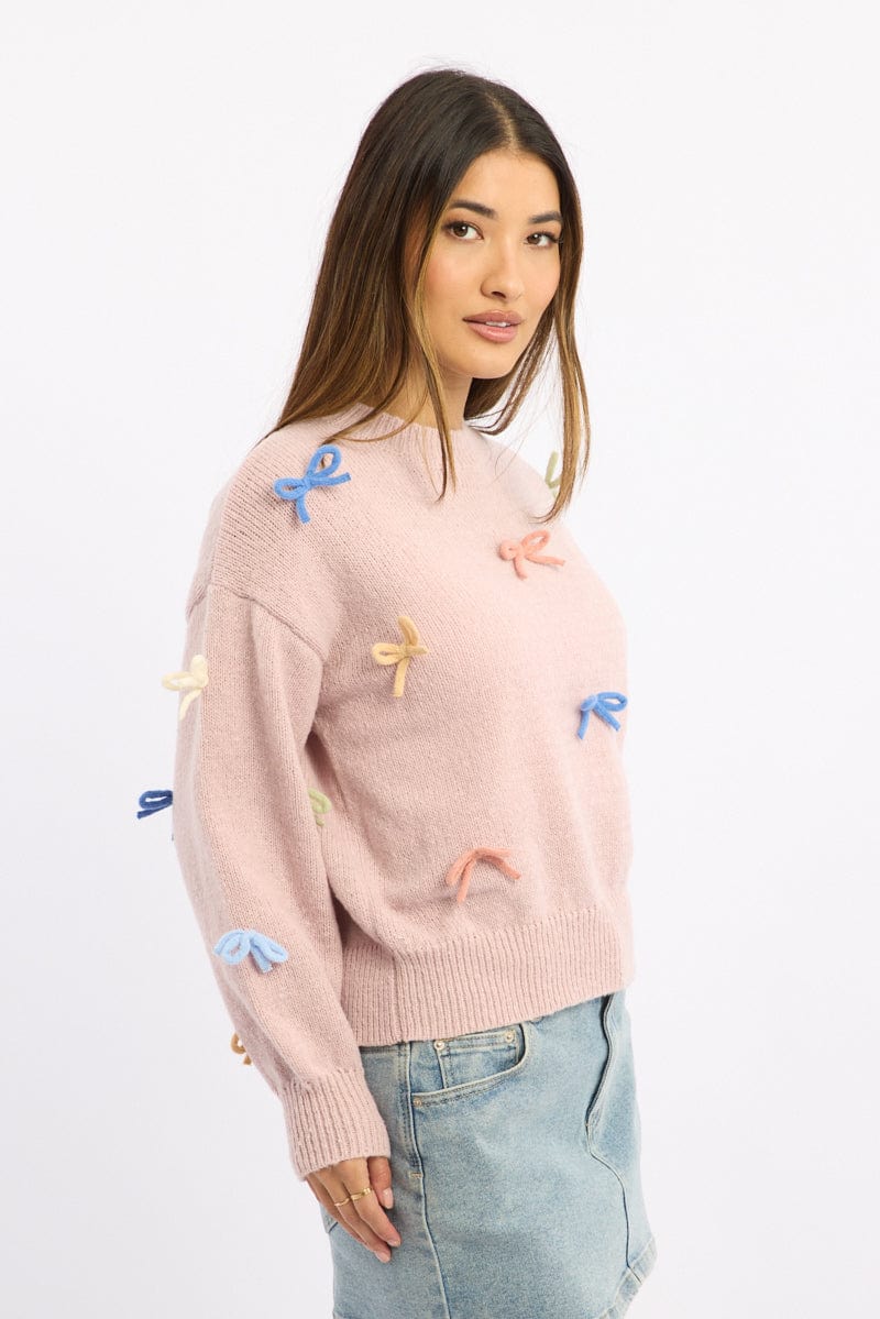 Pink Knit Top Long Sleeve Bow Trim - Image 3