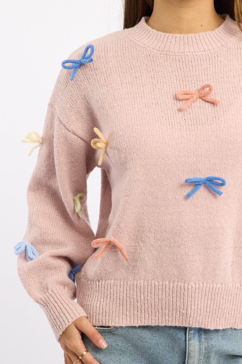 Pink Knit Top Long Sleeve Bow Trim - Image 5