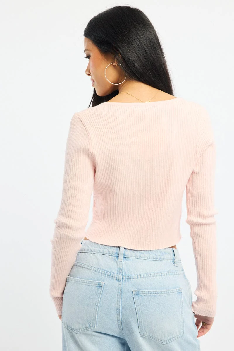 Pink Knit Top Long Sleeve Front Ribbon - Image 5