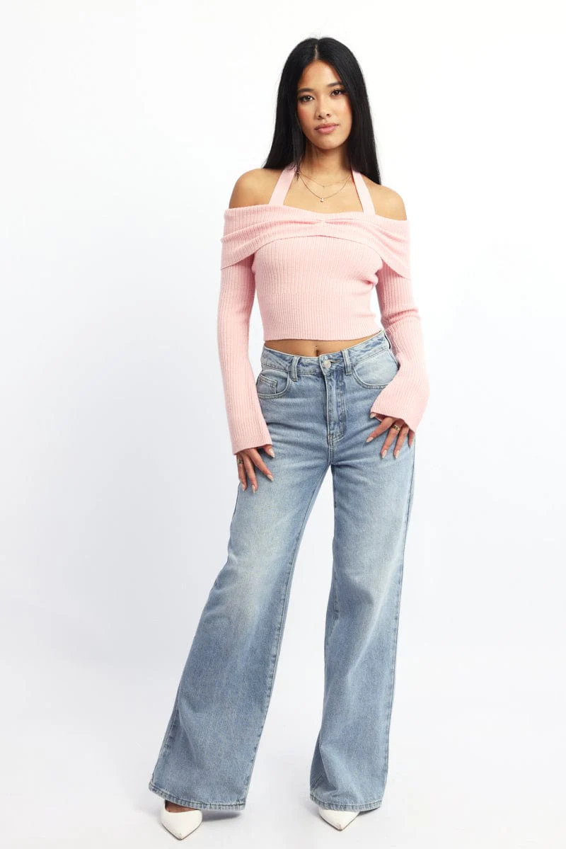 Pink Knit Top Long Sleeve Off Shoulder Halter - Image 3