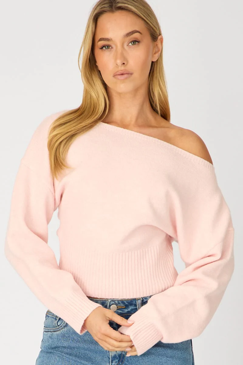 Pink Knit Top Off Shoulder Long Sleeve
