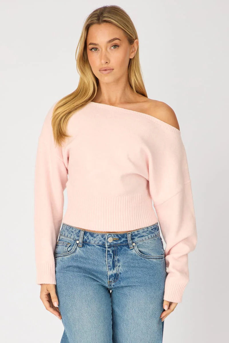 Pink Knit Top Off Shoulder Long Sleeve - Image 3