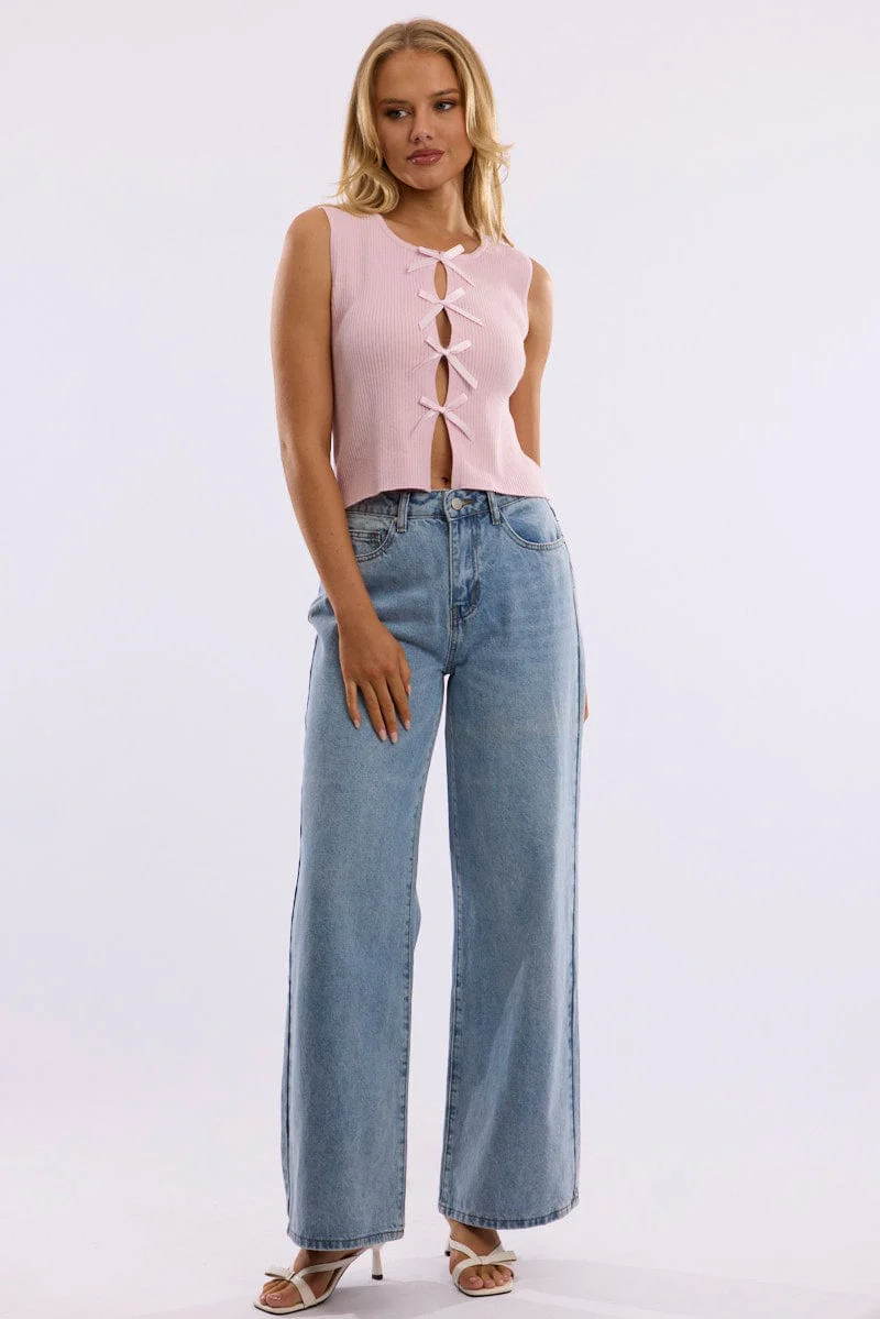 Pink Knit Top Sleeveless Front Ribbon - Image 3