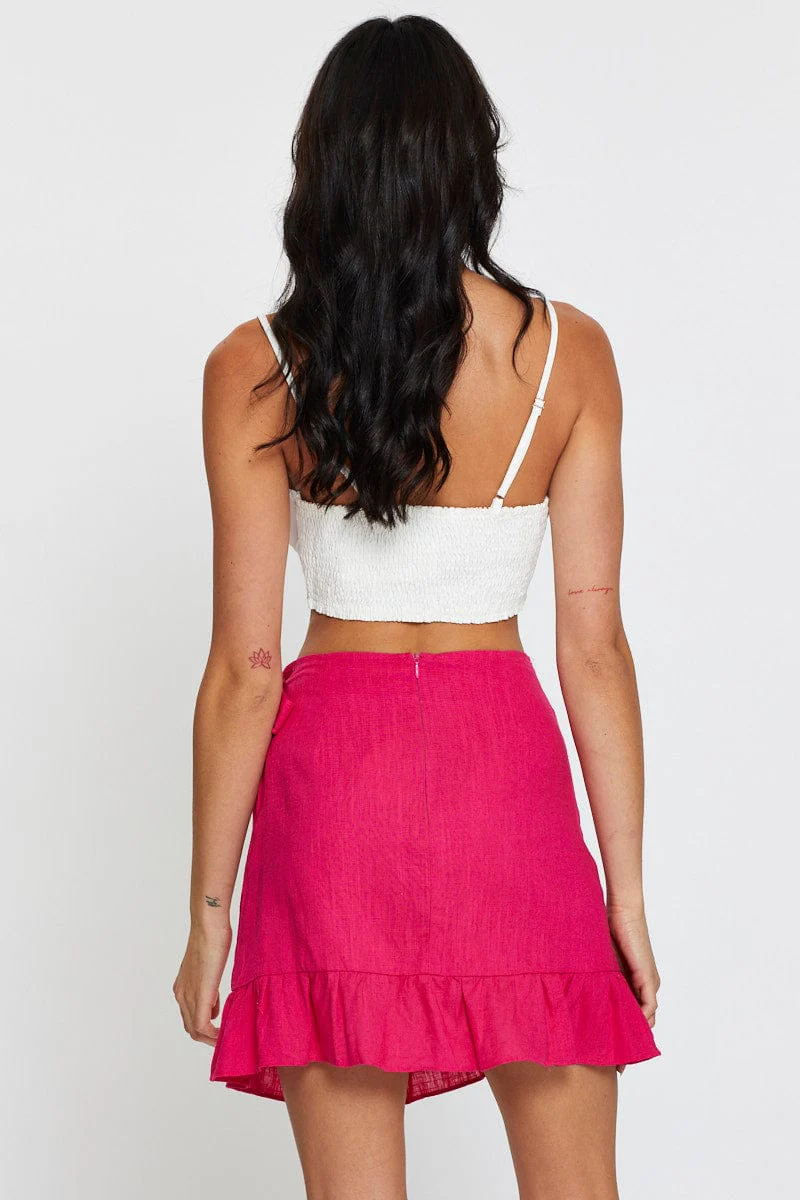 Pink Linen Blend Frilled Wrap Mini Skirt - Image 5