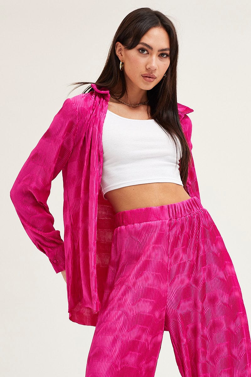 Pink Long Sleeve Plisse Shirt - Image 3