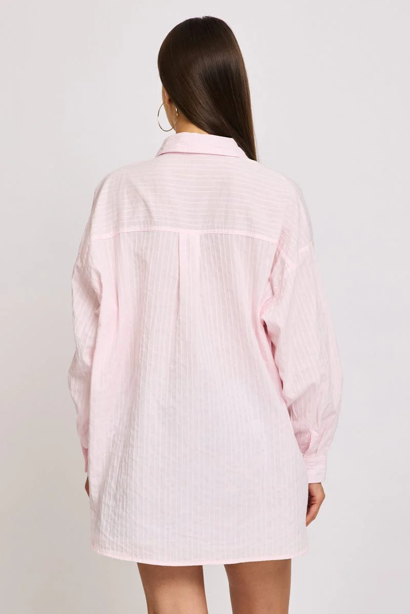 Pink Long Sleeve Shirt Button Up Collared Self-striped - Image 4
