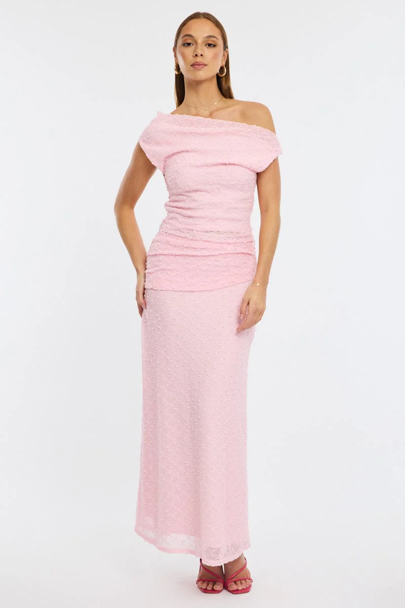 Pink Maxi Skirt Textured Gathered Waist Stretch Lined