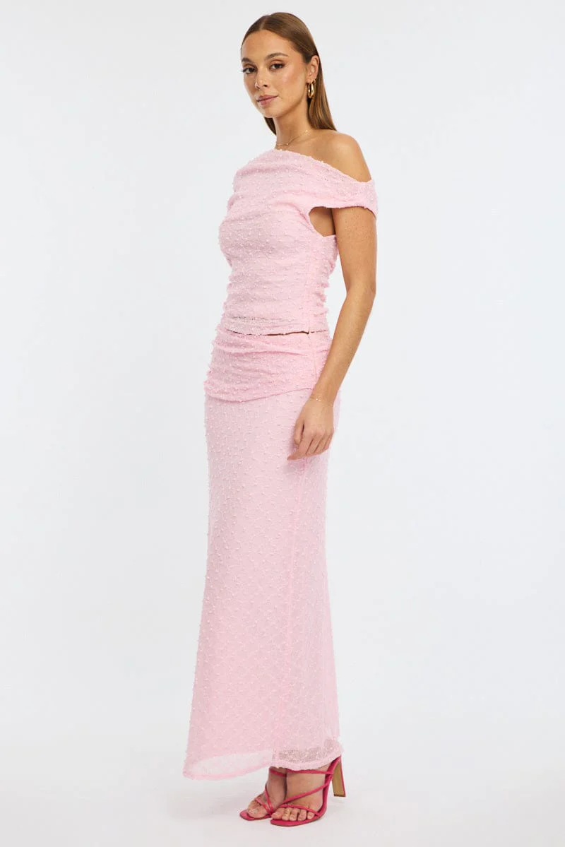 Pink Maxi Skirt Textured Gathered Waist Stretch Lined - Image 3