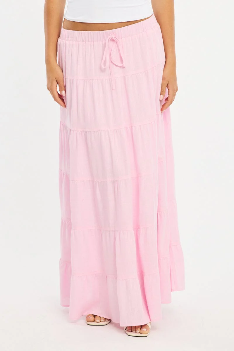 Pink Maxi Skirt Tiered High Rise Linen Blend - Image 2