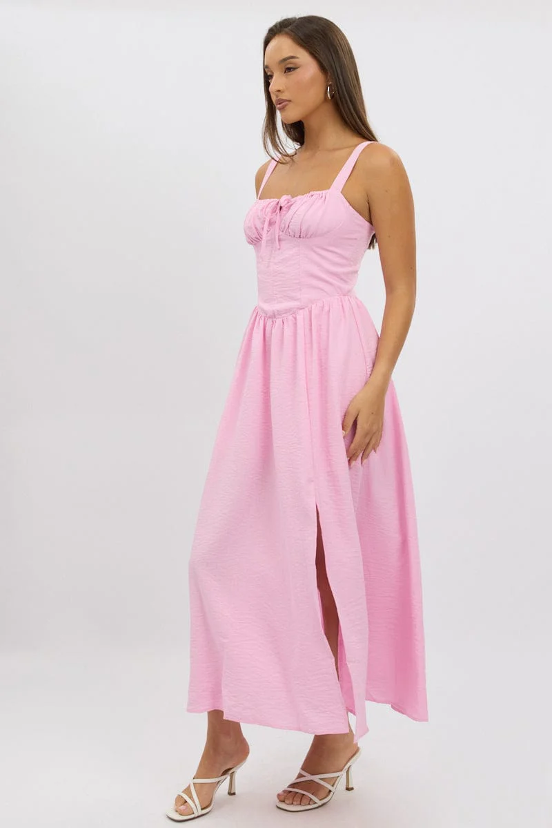 Pink Midi Dress Gathering Bust Corset Detail - Image 4