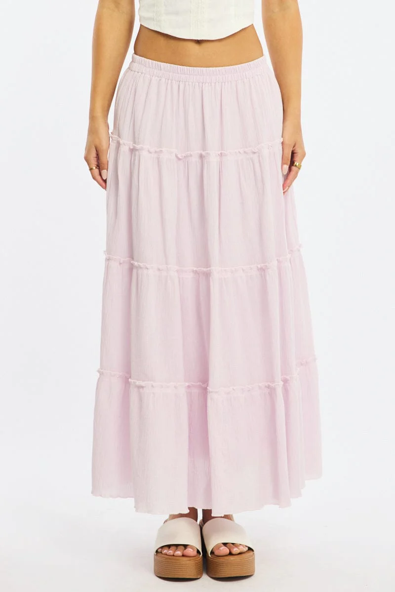 Pink Midi Skirt Tiered High Rise Lined Textured Cotton - Image 2