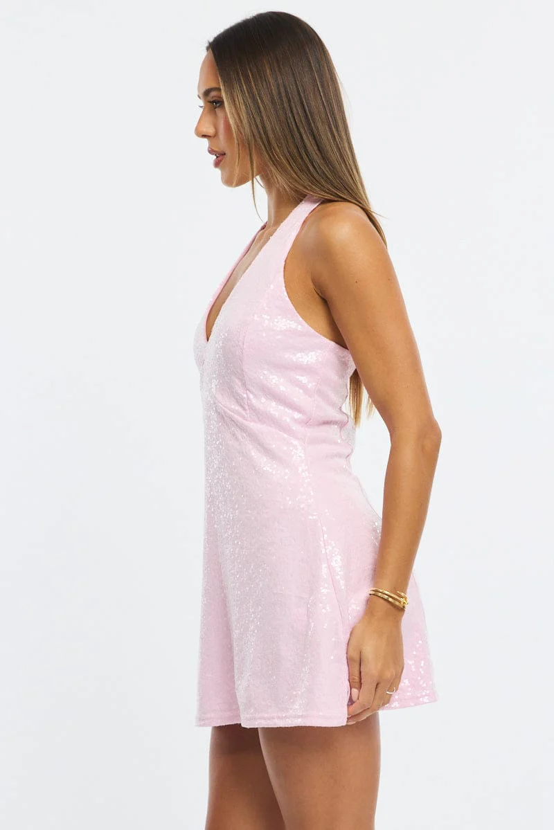 Pink Mini Dress Halter Neck Sequin - Image 4