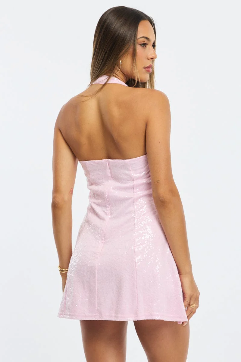 Pink Mini Dress Halter Neck Sequin - Image 5