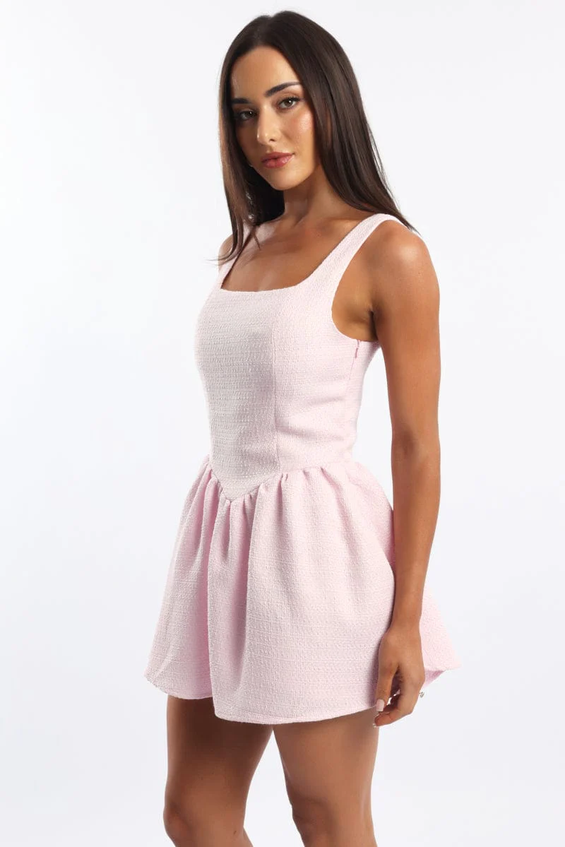 Pink Mini Dress Square Neck Tweed Fabric - Image 4