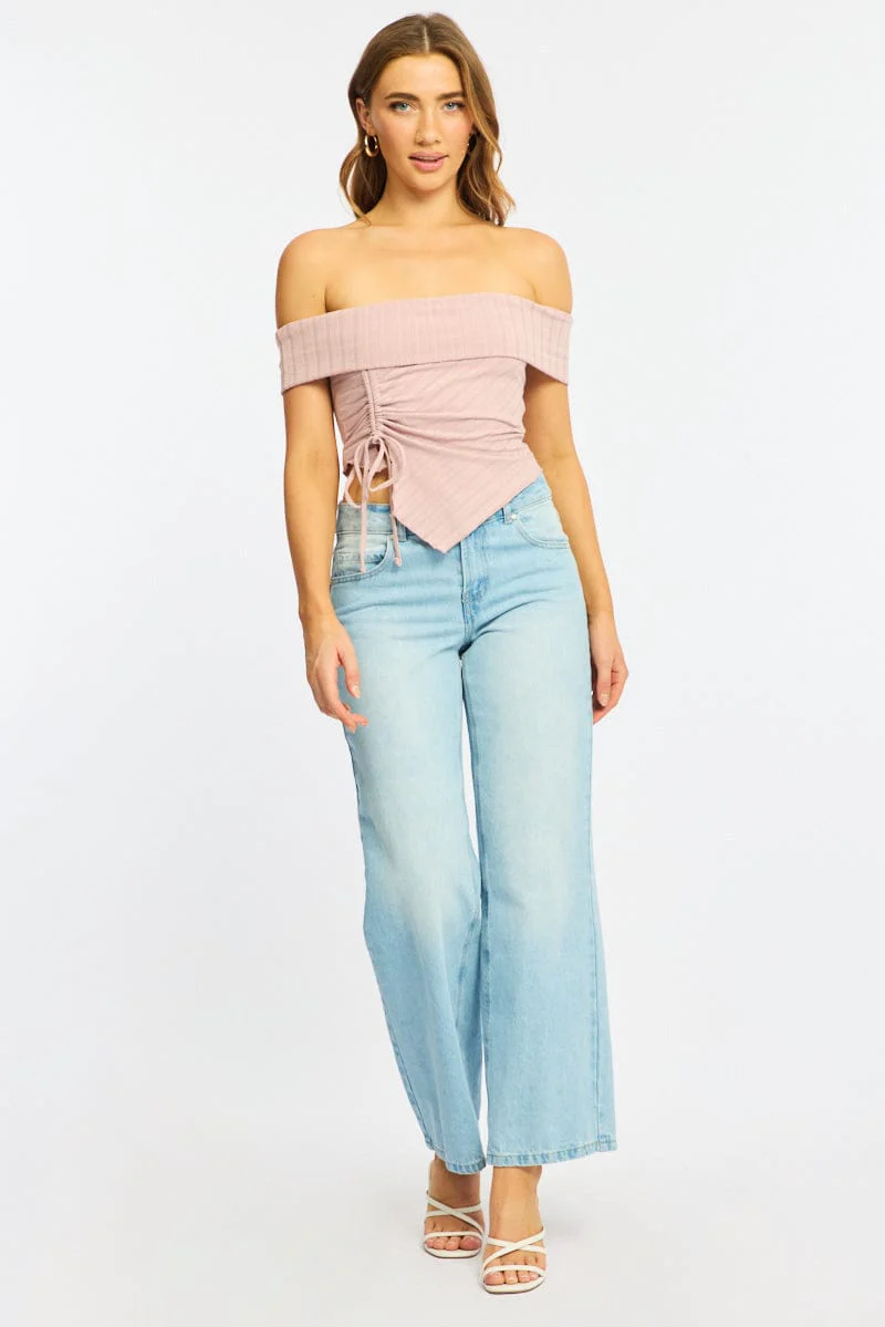 Pink Off Shoulder Knit Ruched Hem - Image 2