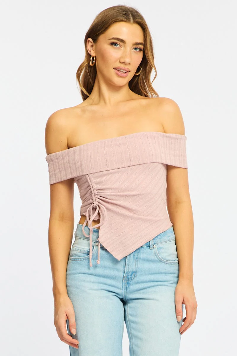 Pink Off Shoulder Knit Ruched Hem - Image 3