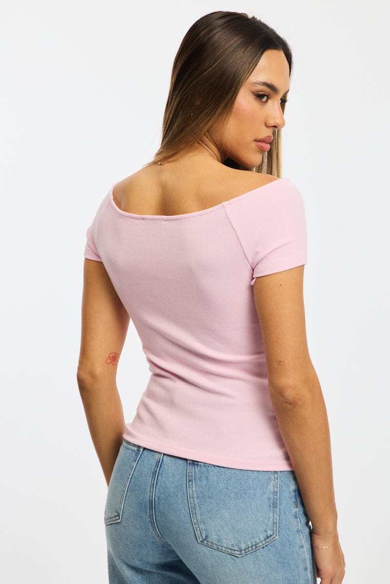 Pink Off Shoulder Top Rib - Image 4