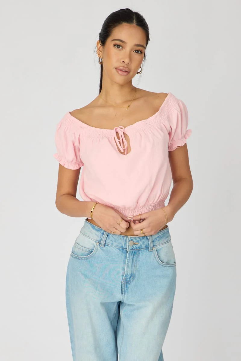 Pink Puff Sleeve Blouse Short Sleeve Relaxed Fit - Image 3