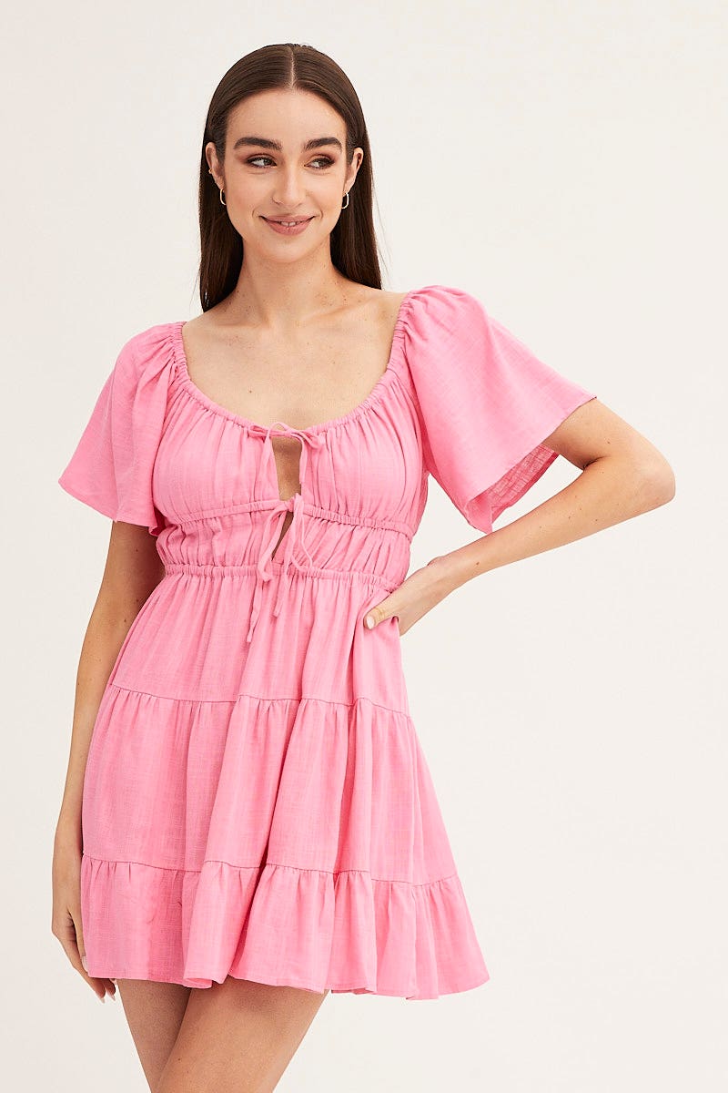 Pink Round Neck Short Sleeve Linen Blend Skater Dress - Image 3