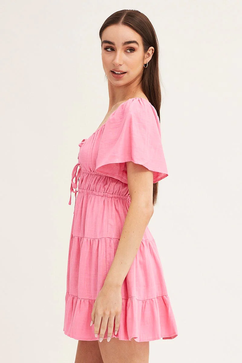 Pink Round Neck Short Sleeve Linen Blend Skater Dress - Image 4