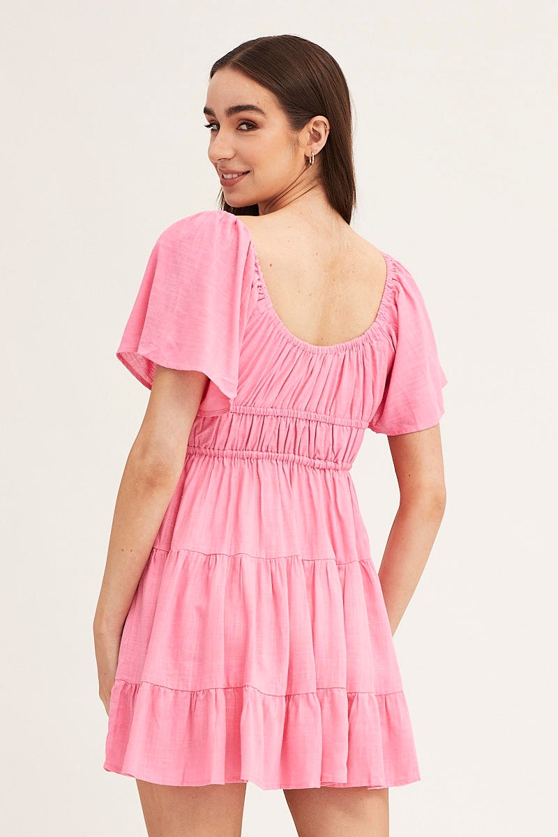 Pink Round Neck Short Sleeve Linen Blend Skater Dress - Image 5