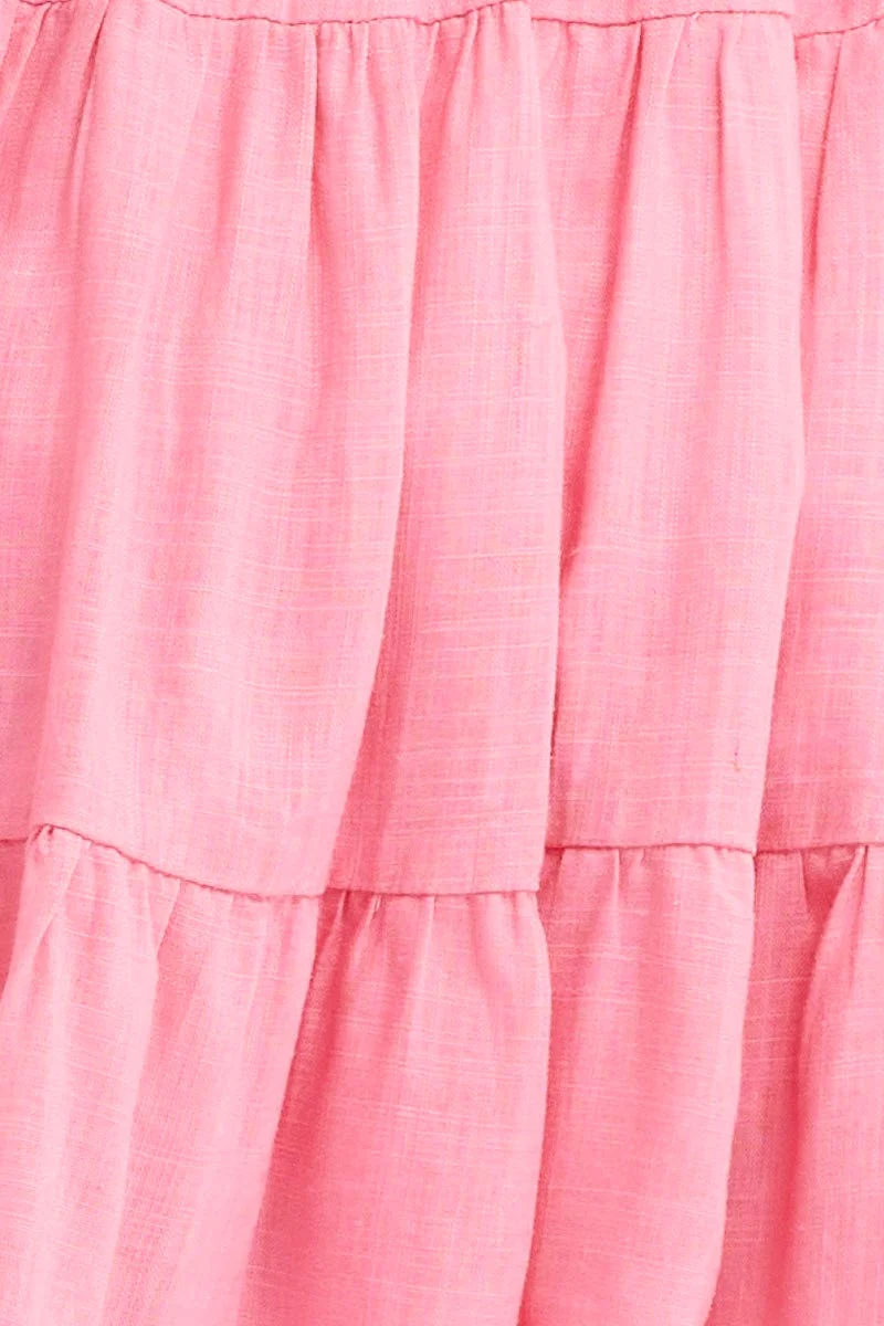 Pink Round Neck Short Sleeve Linen Blend Skater Dress - Image 6