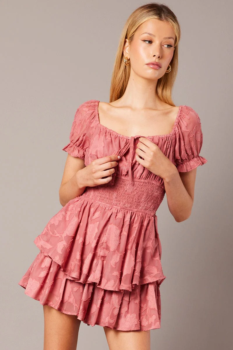 Pink Ruffle Playsuit Short Sleeve Ruched Bust - Image 3