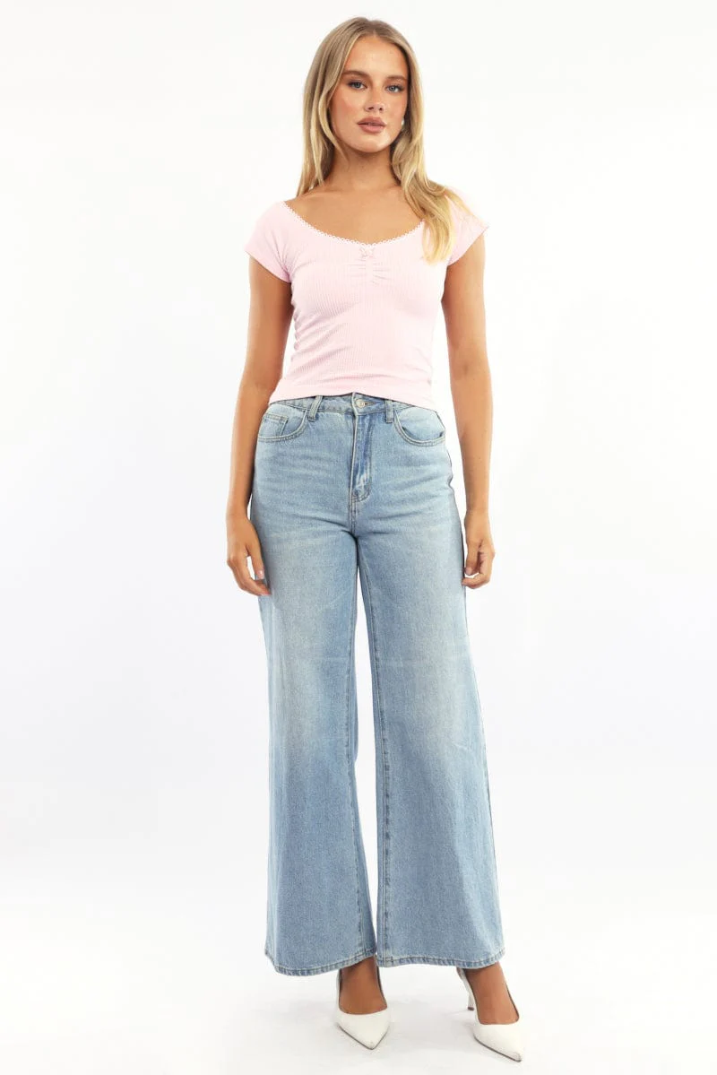 Pink Seamless Top Short Sleeve Picot Trim Rib - Image 2