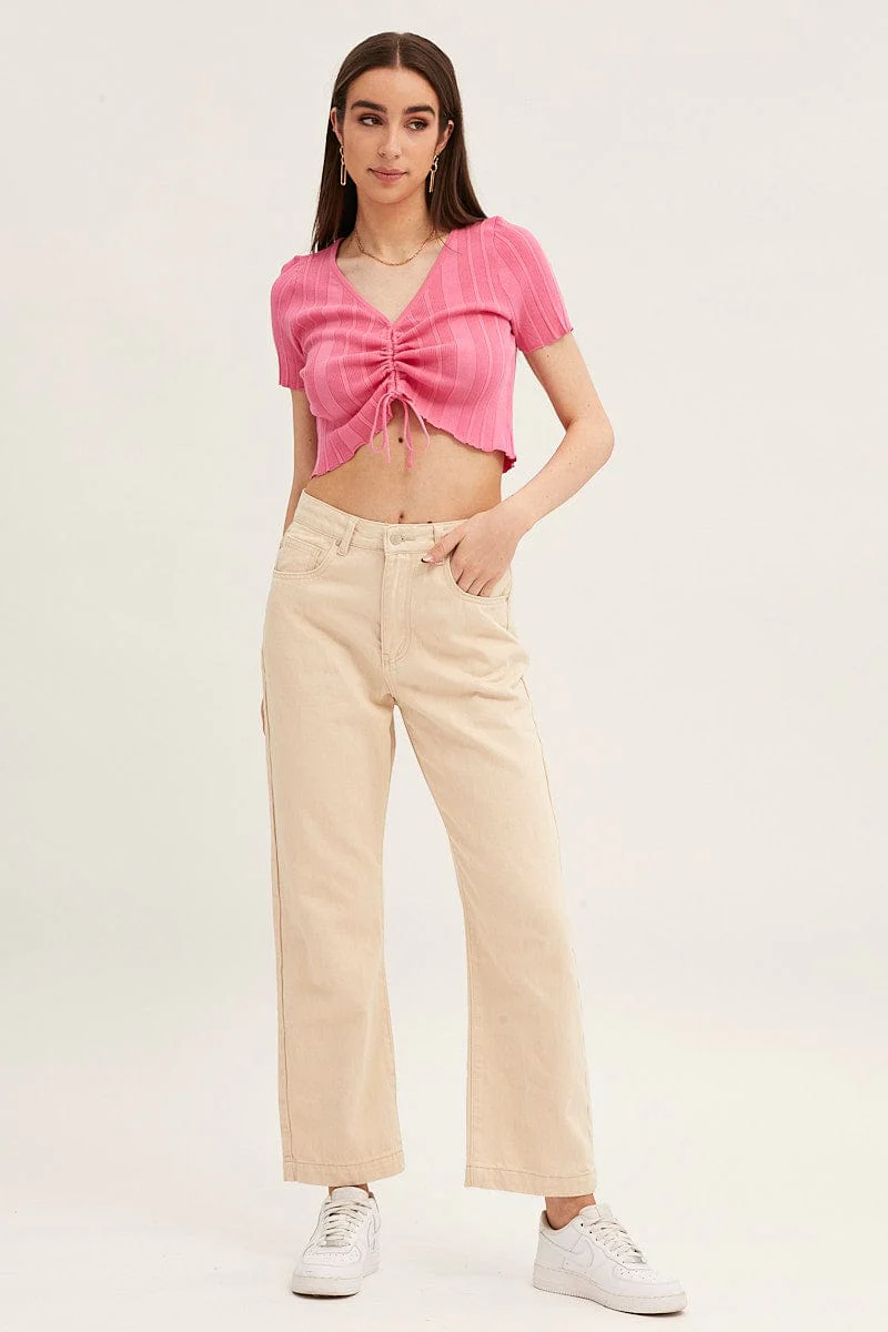 Pink Short Sleeve Ruched Knit Top - Image 3