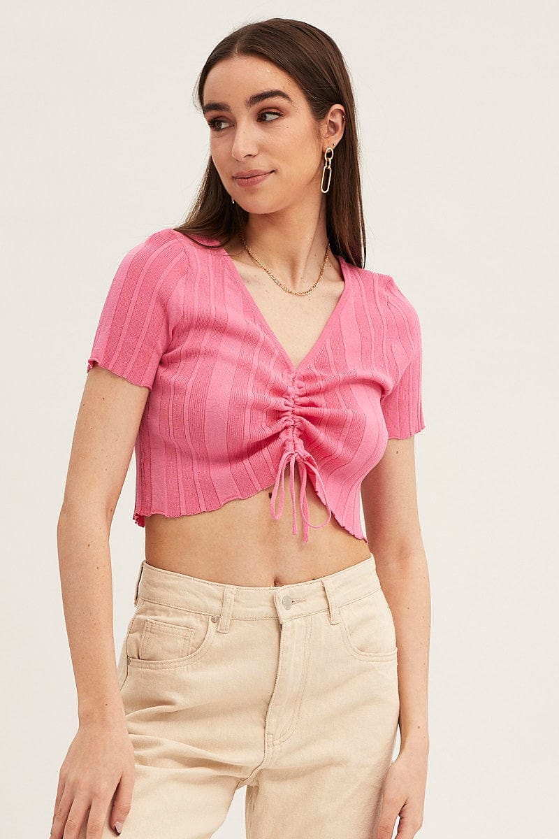 Pink Short Sleeve Ruched Knit Top - Image 4