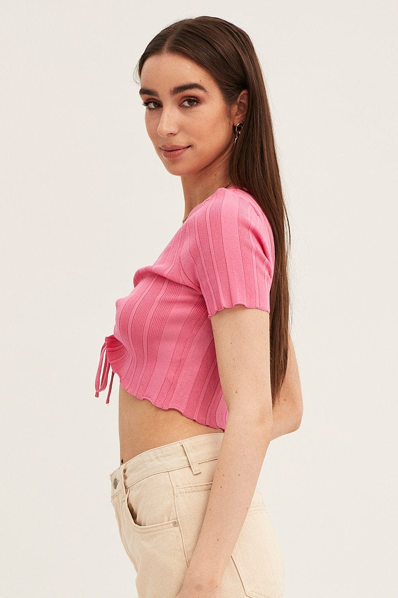 Pink Short Sleeve Ruched Knit Top - Image 5