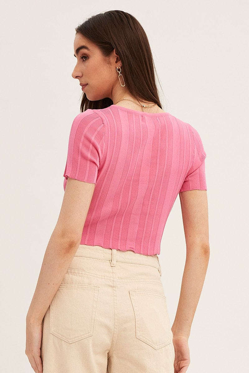 Pink Short Sleeve Ruched Knit Top - Image 6