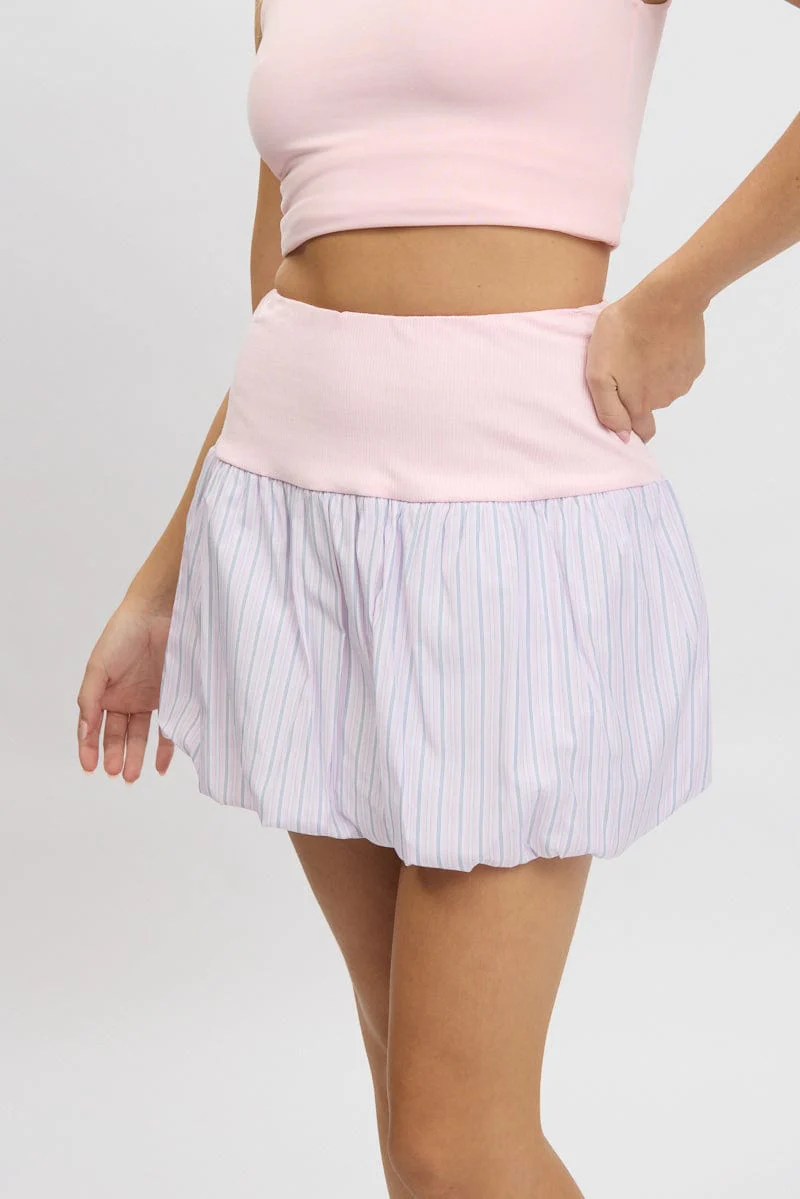 Pink Stripe Bubble Skirt High Rise Rib Waist Mini Balloon - Image 3