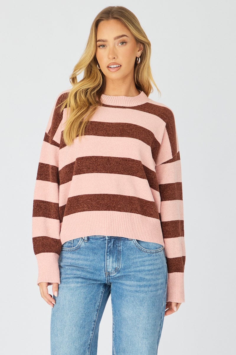 Pink Stripe Chenille Stripe Knit Sweater - Image 2