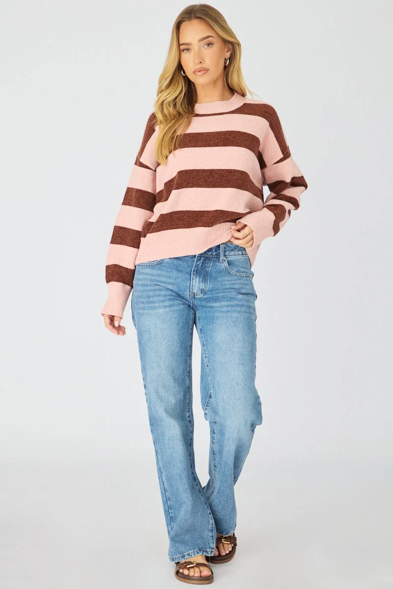 Pink Stripe Chenille Stripe Knit Sweater - Image 3