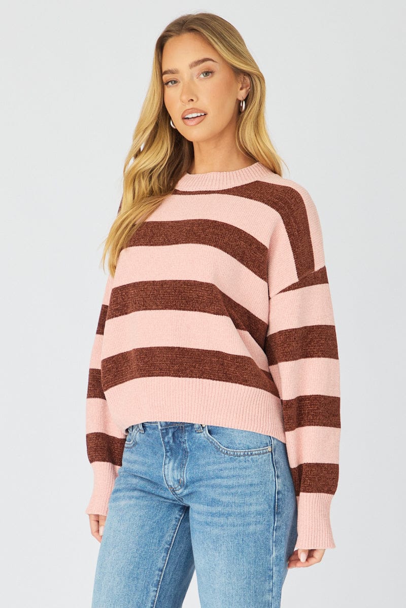 Pink Stripe Chenille Stripe Knit Sweater - Image 4