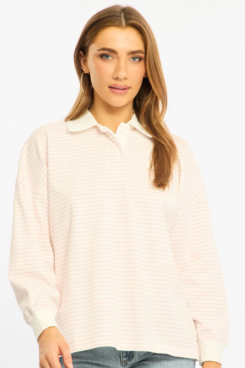 Pink Stripe Collared Top Long Sleeve - Image 2